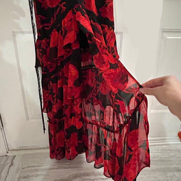 Eva Mendes Size S Black w/Red Roses Floral Maxi Dress Lace Waist Front Slit  SHO - Picture 10 of 15